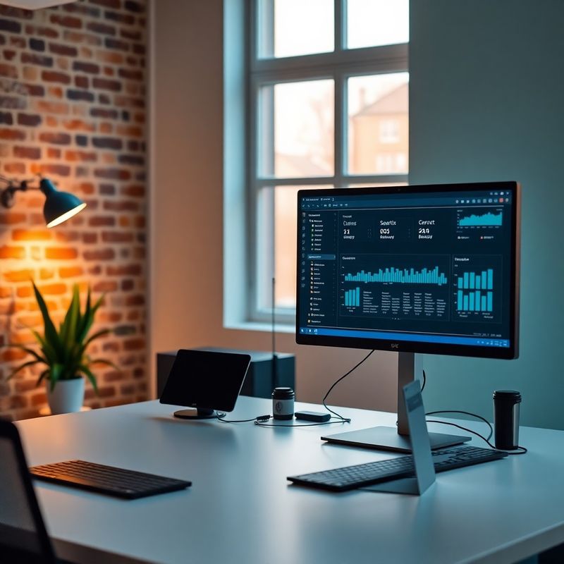 Nowoczesne biurko z dwoma monitorami wyświetlającymi dashboard CRM
