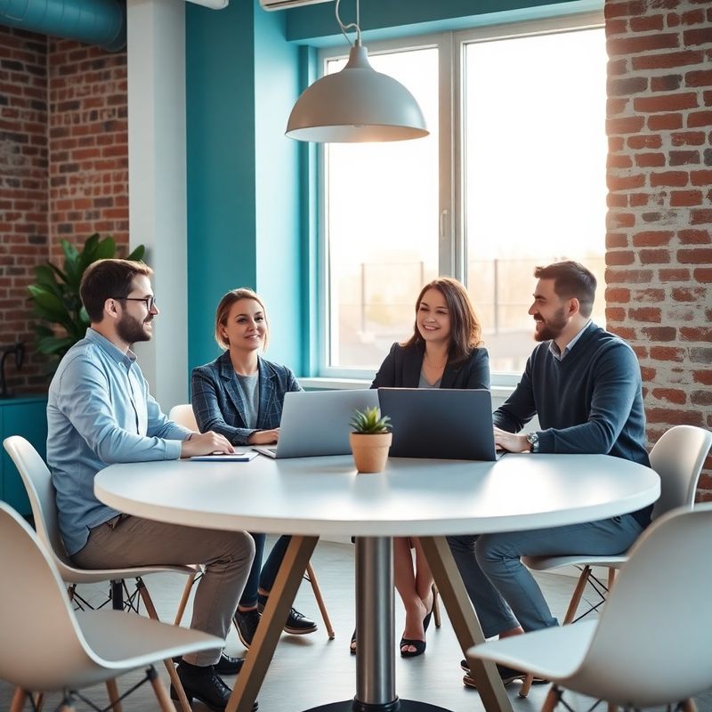 Zespół czterech osób pracujący razem w jasnym coworkingowym biurze we Wrocławiu